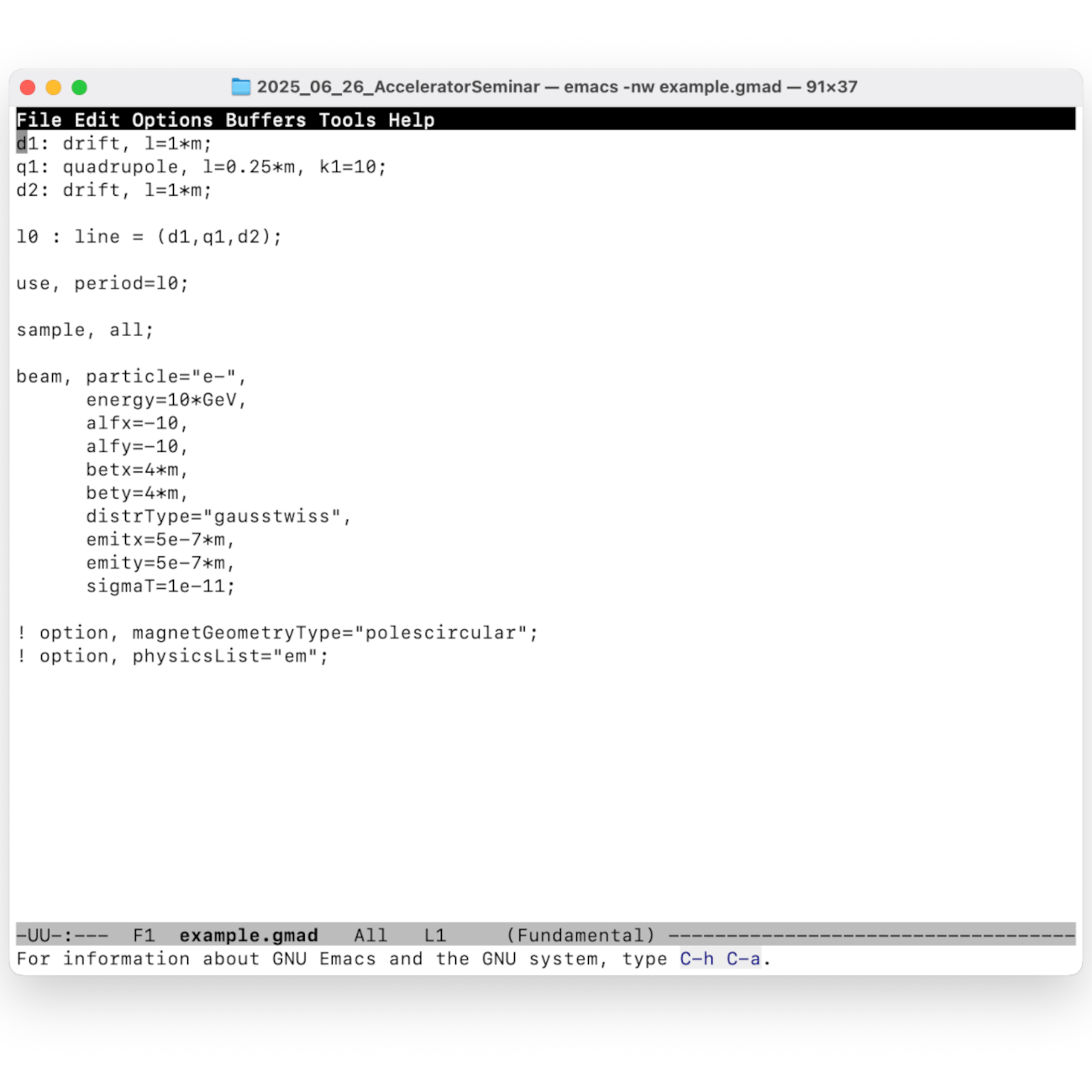Simple BDSIM gmad input to create a small simulation
